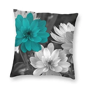 Teal Grey Flowers Throw Pillow Covers 18x18 Inch Decorative Pillow Case for - Picture 1 of 6
