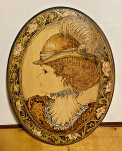 Victorian Lady 1900's Pyrography Wood Burning Flemish Oval Plaque Signed 16x12" - Picture 1 of 6