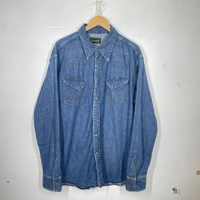 Vintage Wrangler Western Shirt Mens XXL Blue Denim Copper Snap 90s - Image 1 of 4