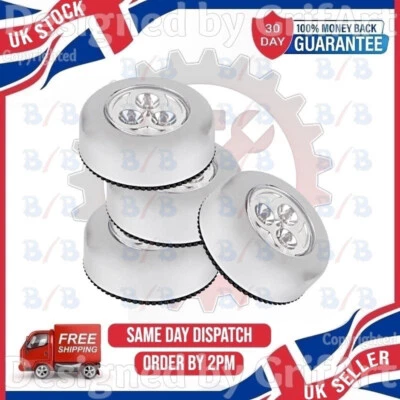 4 BRIGHT 3 LED PUSH ON OFF STICK ON LIGHT BATTERY KITCHEN CUPBOARDS STAIRS SHED - Image 1 of 4