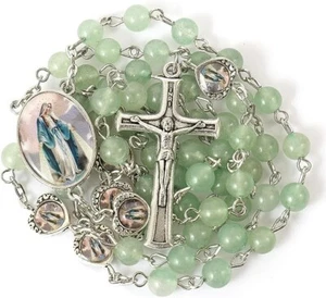 Green Aventurine Beads with Miraculous Epoxy Heart Metal Beads Rosary Necklace - Picture 1 of 6