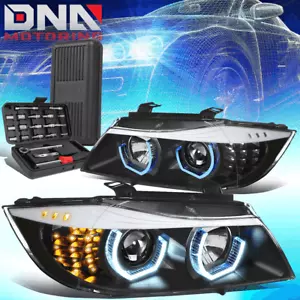 FOR 2009-2012 BMW E90 3-SERIES 3D U-HALO W/BLUE LED HEADLIGHT LAMPS+TOOLS BLACK - Picture 1 of 10