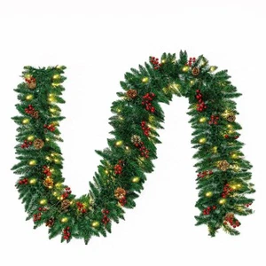 10FT Red Berries Christmas Garland Pine Cones Garlands with 50 LED Lights Decor - Picture 1 of 8