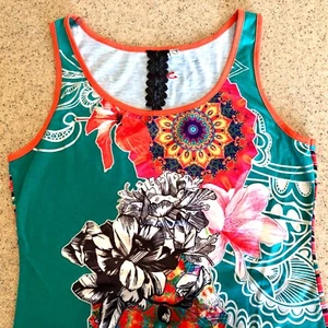 Smash! Tank Top Tunic Floral Appliqué Paisley Stripes Green Colorful Size S - Picture 1 of 11