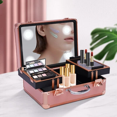 Portable 2-layer Makeup Bag Train Cosmetic Storage Case With 2 Lock & LED Mirror - Image 1 of 4