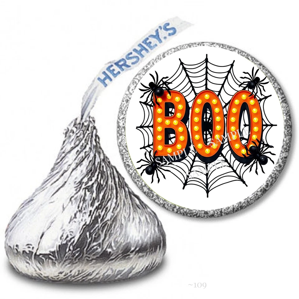 108 BOO Teia de Aranha Hershey Kiss Adesivos Halloween Doces Beijo Envoltório Favores - Imagem 1 de 1