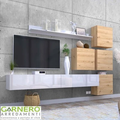 Parete attrezzata sospesa 4 cubi 1 mensola 300x210cm bianco lucido rovere TEMPUS - Immagine 1 di 4