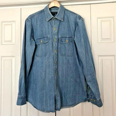 Lands End blue denim shirt button pockets long sleeve cotton large gently worn - Image 1 of 3