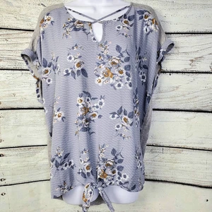 Maurices XL Floral Front Tie Gray Knit Back Crisscross Neck Blouse - Picture 1 of 7