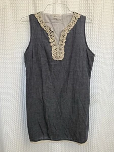 EUC Large L Mud Pie Chambray Blue Sheath Dress Sleeveless White Lace - Picture 1 of 14
