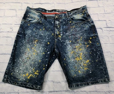Encrypted Denim Shorts MENS SIZE 44 Blue Paint Splatter All Over Print Baggy  - Image 1 of 4