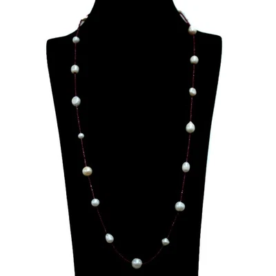 925 Sterling Silver White Baroque Pearl & Rhodolite Garnet Necklace 34 in - Image 1 of 4