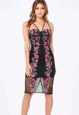 BEBE  Sz 4 Women’s Corset Strappy Dress Embroidered Floral Lace Red & Black  - Image 1 of 4