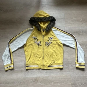 Vintage XL Lucky Brand Yellow Cotton Hoodie Embroidered Aomori Japan Map Y2K - Picture 1 of 13
