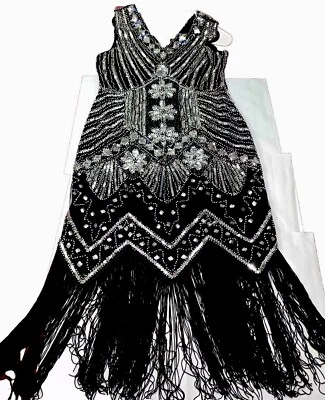 ЧЕРНЫЙ Серебряный FLAPPER платье и кружева бахрома надежном комплект без рукавов длинный блестками S M - Изображение 1 из 4