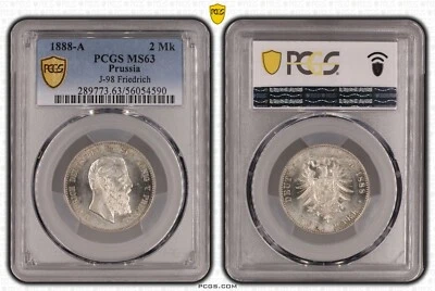 Moneda Plata Prusia 2 Marcos 1888 Friedrich PCGS MS63 Muy Bonita nswleipzig Foto 1 de 2