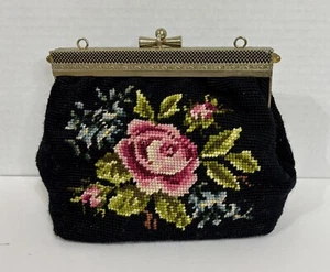 Vintage Needlepoint 1950's Black Floral Handbag Purse Embroidery Cross Stitch - Picture 1 of 5