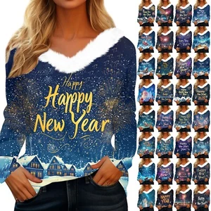 Women's Christmas Printed Long Sleeve Shirt V Neck Casual Loose T-Shirt Tops - Picture 1 of 39