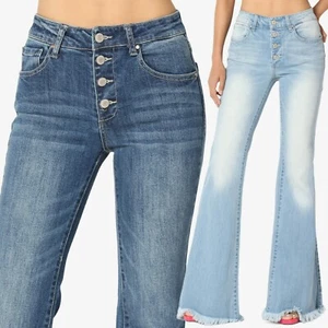 TheMogan Retro 70S Button Fly Mid Rise 5 Pocket Stretch Denim Fray Flare Jeans - Picture 1 of 20