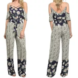 Women's Wide Leg Floral Outfit Blue Cold Shoulder Floral Print Pant Set Size S - Picture 1 of 7