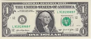 Serie 2021 Banconota Un Dollaro Federal Reserve Trinary Numero di Serie L 91919989 F - Foto 1 di 2