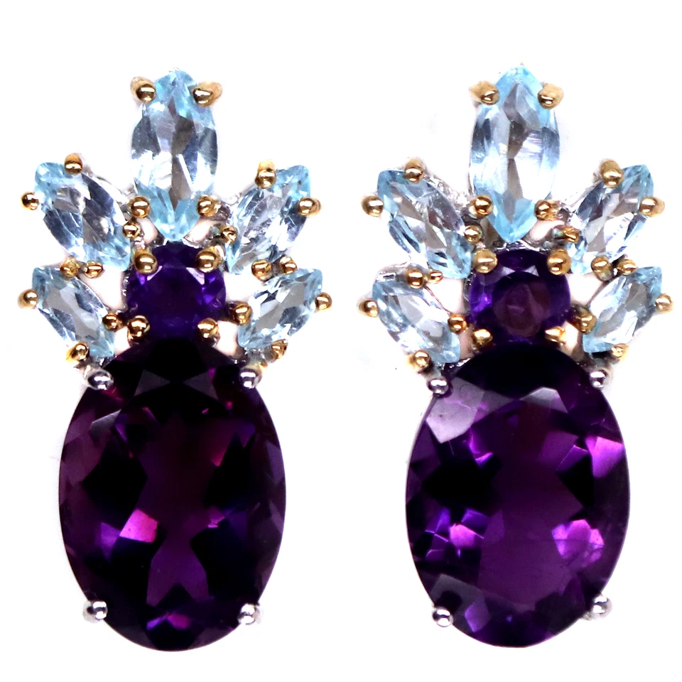 10 X 14 Mm. Amethyst & Himmelblau Topas Ohrringe 925 Silber Sterling - Bild 1 von 4