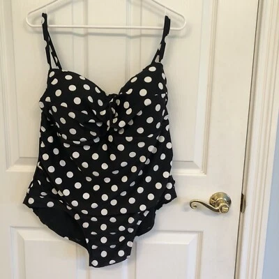 Traje de baño Catalina para mujer 1 pieza delantero torcido negro a lunares 2X (18W-20W) nuevo con etiquetas Foto 1 de 4