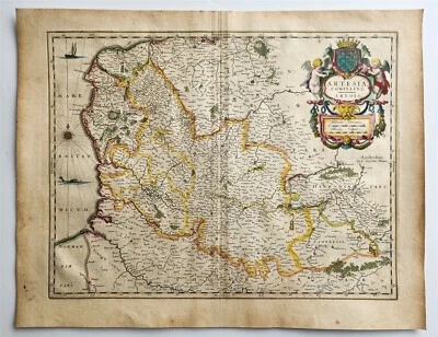 MAPA 1640 de FRANCIA ARTESIA ARTOIS por WILLEM BLAEU antiguo AUTÉNTICO coloreado a mano Foto 1 de 3