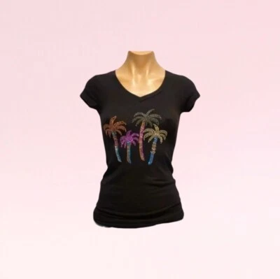 Camiseta feminina tropical palmeira bebê strass tamanho pequeno - Imagem 1 de 3