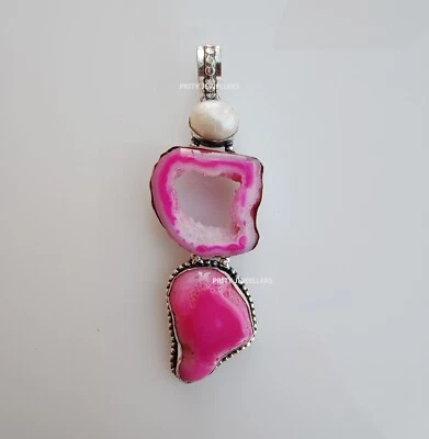 Pink Solar Quartz With Pearl Pendant, 925 Sterling Silver Handmade Pendent - Image 1 of 4