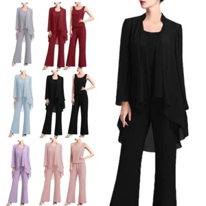 UK Women Chiffon Pant Suits 3 Piece Mother of The Bride Wedding Gowns Dress Suit - Picture 1 of 131