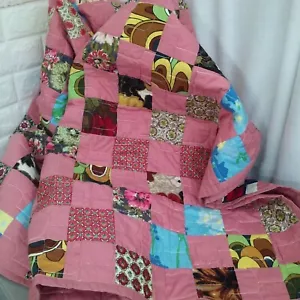 Vintage Quilt Barkcloth Fabric Blocks Handmade Bedspread 70x84 Top-Stitched Pink - Picture 1 of 13
