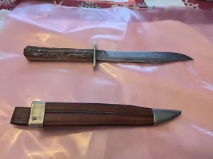 ANTIQUE 1890'S JOSEPH RODGERS & SONS ENGLISH BOWIE KNIFE & SHEATH STAG HANDLE - Picture 1 of 5