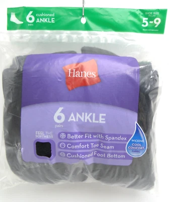 6 pares de calcetines tobilleros acolchados negros Hanes para mujer y mujer talla 5-9 Foto 1 de 2