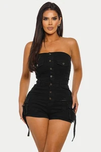 Tube Top Vintage Stretch Denim Cargo Short Strampler Knopf Sexy Schwarz Farbe Neu - Bild 1 von 6