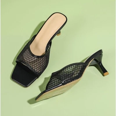 Mules de salto gatinho feminino preto malha biqueira quadrada tamanho 40 9 muito bom estado - Imagem 1 de 4