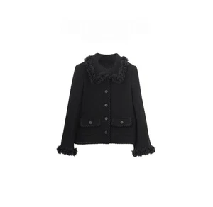 Chaqueta de lana negra hecha a mano para mujer con cuello floral abotonada estilo vintage S-XL - Imagen 1 de 7