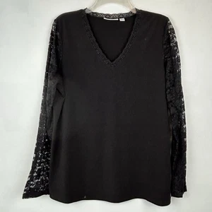 Sheer Lace Sleeve Top Black L Liquid Knit V Neck Whimsygoth Witchy Office - Picture 1 of 6