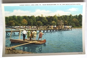Vintage 1930 Lake Lynn PC PC GESCHÄFTIGER TAG SONNENUNTERGANG STRAND WASSERAKTIVITÄTEN KANUFAHREN neuwertig - Bild 1 von 2