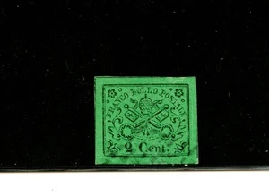 Italy-Roman #12 (I456) imperf 2c black on green, U, Light cancel, U,FVF, CV$315. - Picture 1 of 2