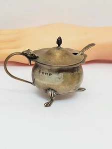 Olla eduardiana de plata esterlina mostaza Birmingham Inglaterra 1915 con cuchara (93) - Imagen 1 de 13