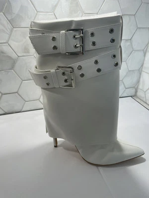Wild Diva Lounge White Stiletto Buckle Boot Size 7.5 M Zaily Boot High Heel NEW - Image 1 of 4