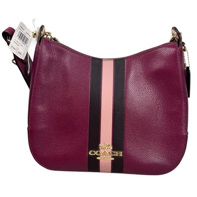 蔻驰Jes流浪汉包女式深浆果多皮革校队条纹F80643肩 — 第 1/4 张图片