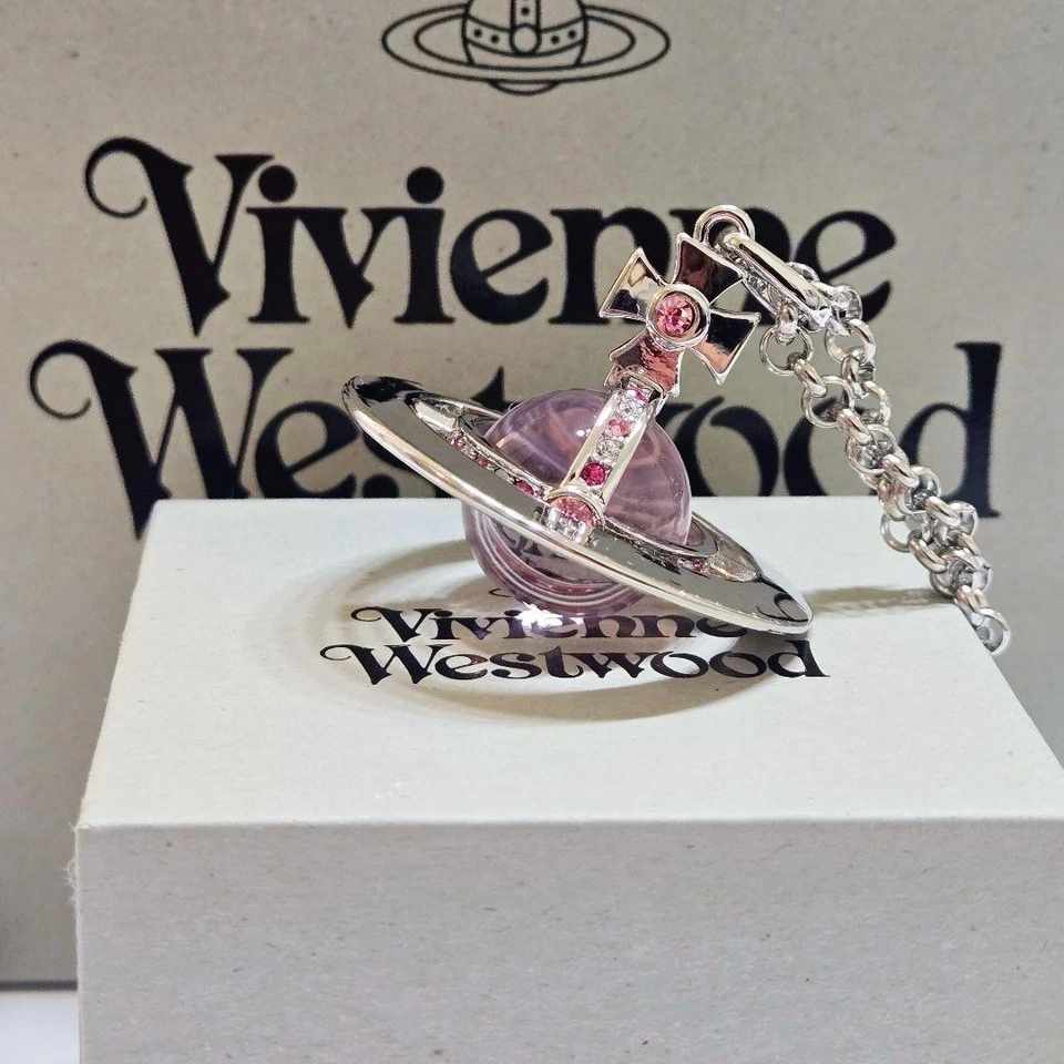 Vivienne Westwood Pequeño Orbe Collar Colgante Plata Rosa 4,5 cm con Cordón Foto 1 de 4