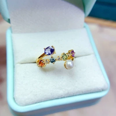 Natural Blue Tanzanite Swiss Topaz Amethyst Gold Plated 925 Sterling Silver Ring - Image 1 of 4