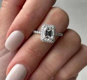 2CT Emerald-Cut Moissanite Halo Engagement Ring 14k White Gold Plated - Picture 1 of 8