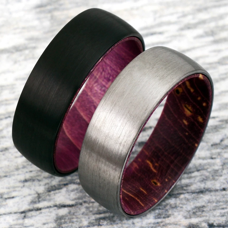 8mm Men's Tungsten w/ Purple Box Elder Wood Wedding Band Ring Black or Silver - Image 1 of 1
