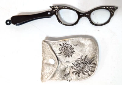 Vintage Cat Eye Folding Magnifier Gold Rhinestone Glasses W/ Case Hong Kong - Image 1 of 4