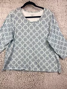 Floral blue stretch 3/4 sleeve round neck knit blouse women's size 2XL - Picture 1 of 9