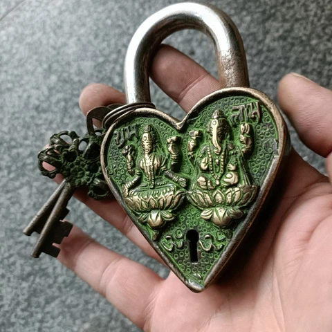 Vintage Bronze Lock Key Ancient Chinese Old Lock 2*Key Ganesha Can Be Use Cover